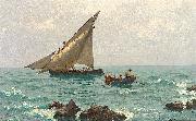 Julius Ludwig Friedrich Runge Morgenstimmung an der Adria mit Fischerbooten und Langustenfischern. Im Vordergrund felsige Kuste. Sweden oil painting artist